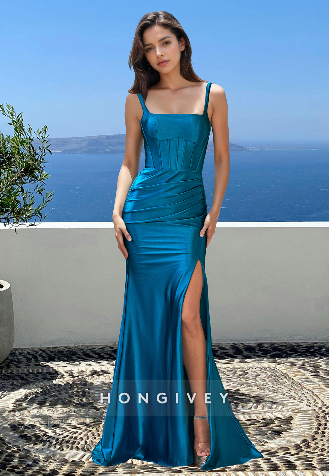 Classic Square Blue Spaghetti Straps with Slit Trumpet Formal Evening Dress