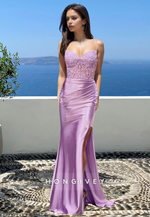 Classic Spaghetti Straps Applique Lilac Satin Sheath Formal Evening Dress HONGIVEY