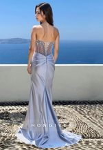 Special Beaded Sheer Corset Strapless Trumpet Satin Evening Party Dress