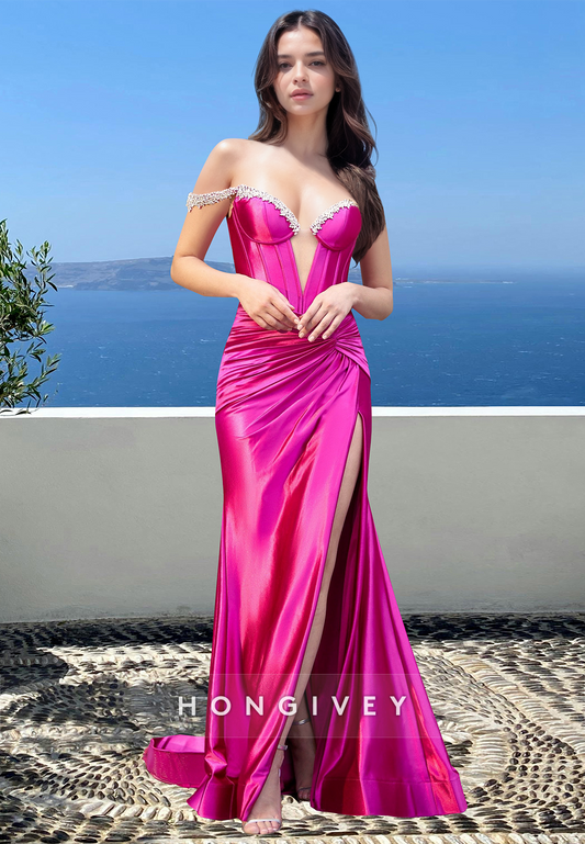 Sexy Beaded Off-Shoulder Ruched with Slit Satin Formal Evening Dress Party Gown