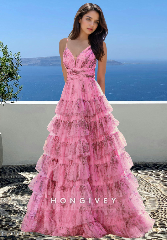 Special Pattern Straps Tiered A-Line Quinceanera Homecoming Evening Prom Ball Gown