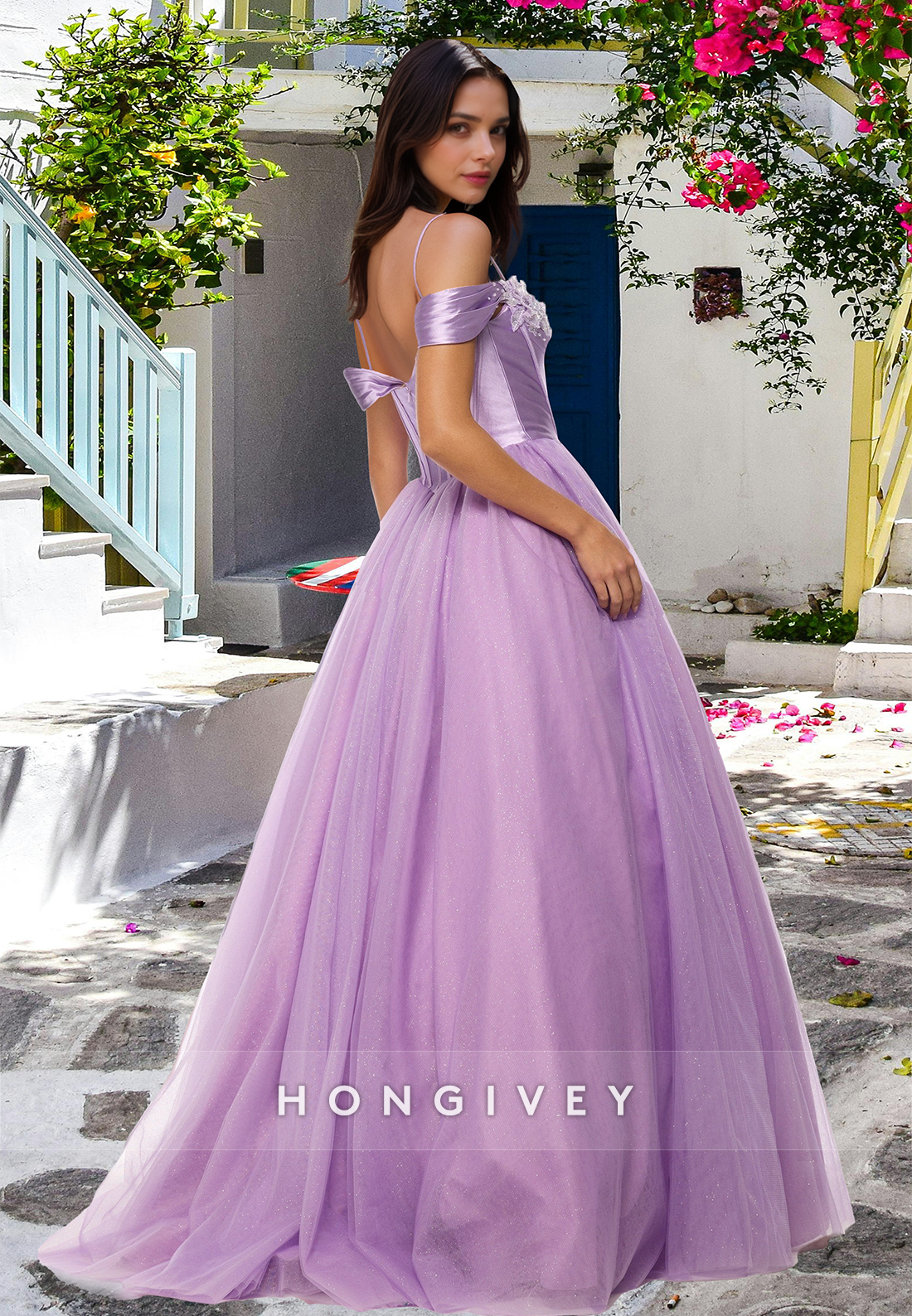 Square Lilac Tulle Spaghetti Straps A-Line Evening Dress Party Prom Ball Gown