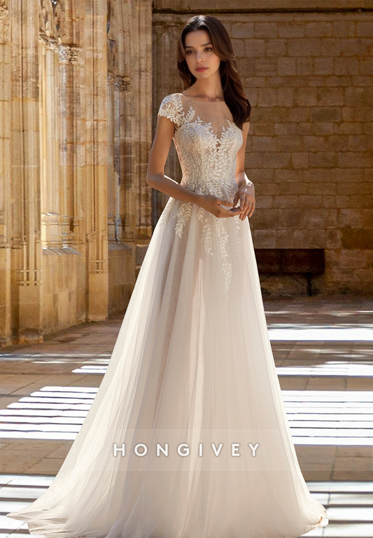 Short Sleeves Applique Beaded A-Line Tulle with Train Bridal Wedding Dress