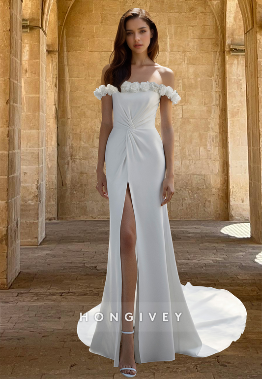 Chic Floral Off-Shoulder Sheath Satin with Slit Bridal Wedding Dress 2025