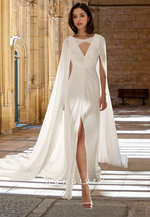 Simple V-Neck Front Slit Floor-Length A-Line with Train Bridal Wedding Dress