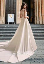 V-Neck Sleeveless Applique Open Back A-Line Satin Bridal Wedding Dress