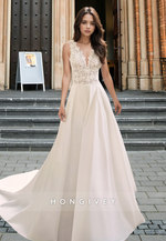 V-Neck Sleeveless Applique Open Back A-Line Satin Bridal Wedding Dress