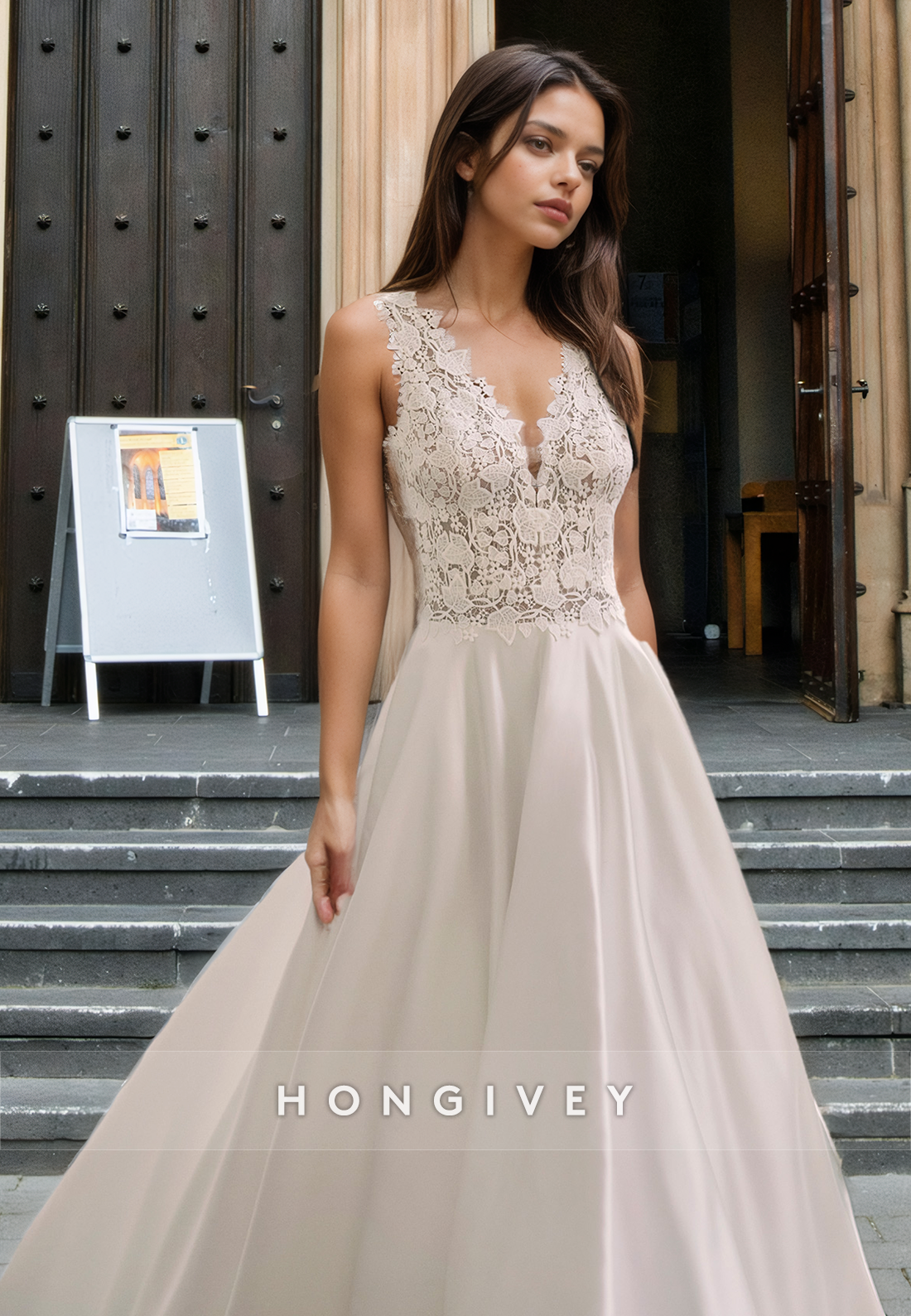 V-Neck Sleeveless Applique Open Back A-Line Satin Bridal Wedding Dress