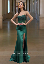 Bateau Strapless Sleeveless Sheath Applique Satin with Slit Evening Prom Dress