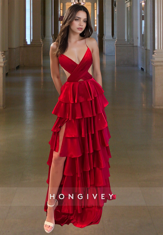 Sexy Red V-Neck Spaghetti Straps Prom Dress Tiered with Slit A-Line Ball Gown