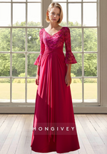 V-Neck Half Sleeves Floor-Length Applique Red A-Line Chffion Mother of the Bride Dress