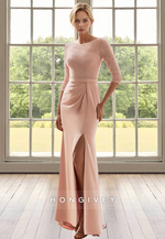 Sexy Scoop Sleeves Empire Sheath with Slit Guest Mother Formal Dress for Wedding