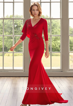 Sexy V-Neck Sleeves Mermaid Red Guest Mother Formal Dress for Wedding