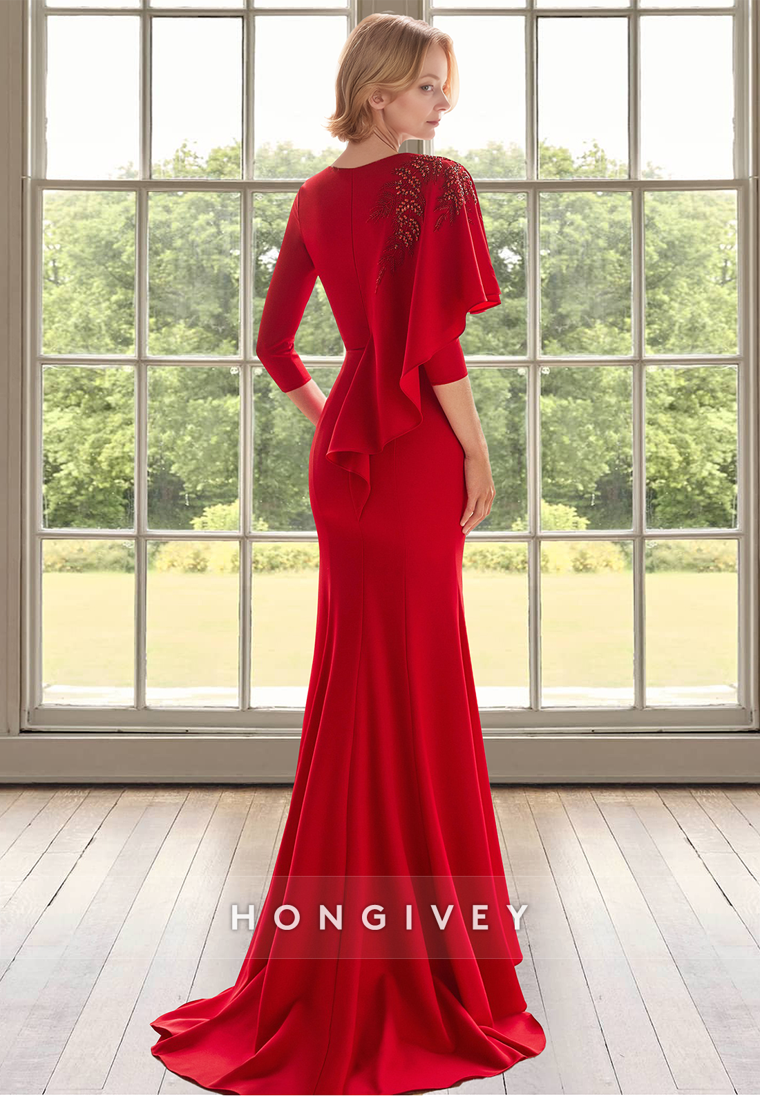 Sexy V-Neck Sleeves Mermaid Red Guest Mother Formal Dress for Wedding