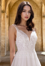 Tulle V-Neck Spaghetti Straps A-Line with Slit Applique Bridal Wedding Dress