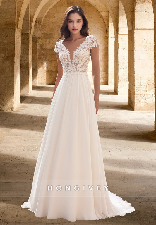 Sexy Tulle Sheer Short Sleeves V-Neck A-Line Floor-Length Wedding Dress