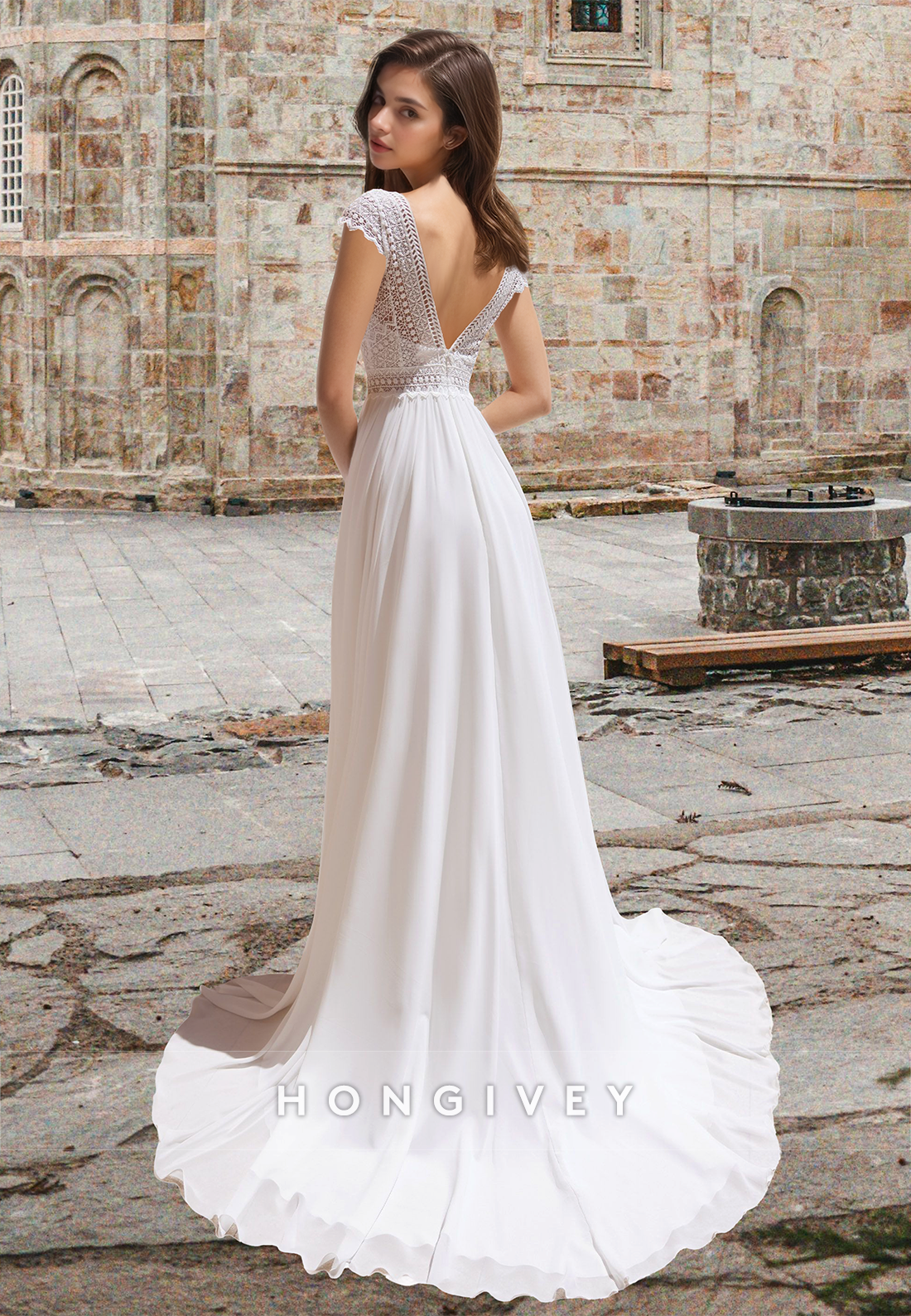 Sexy V-Neck Slit Train Tulle Applique A-Line Wedding Dress Bride Gown