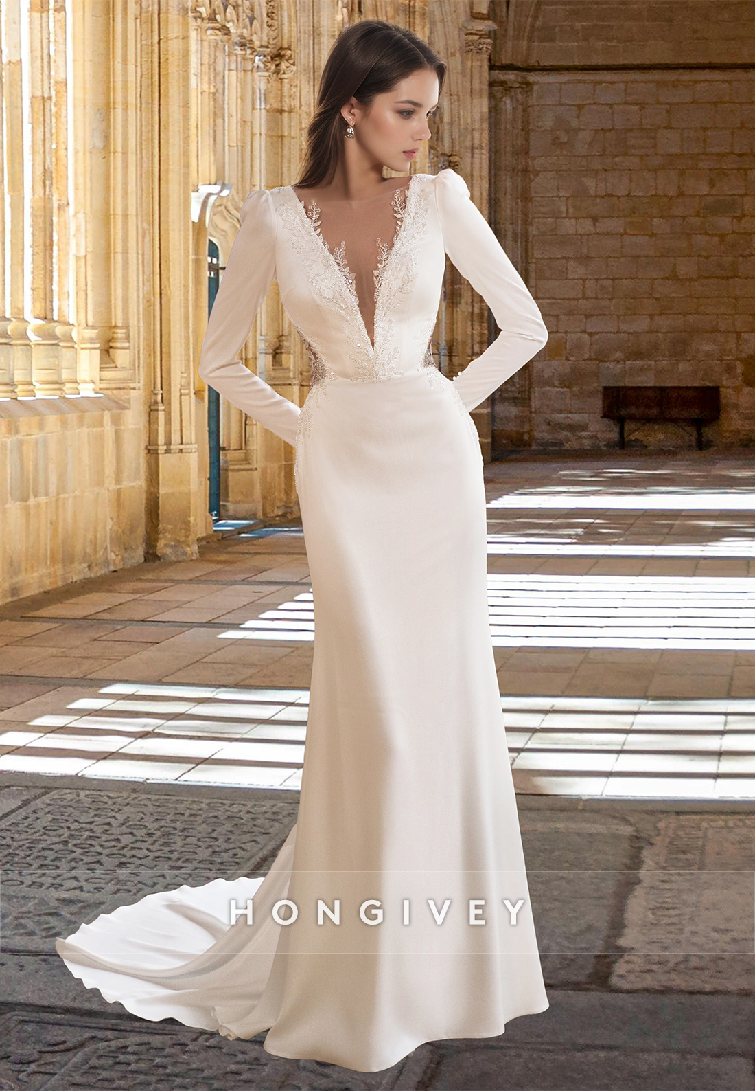 Sexy Applique V-Neck Long Sleeves Sheath Satin Bridal Wedding Dress 2025