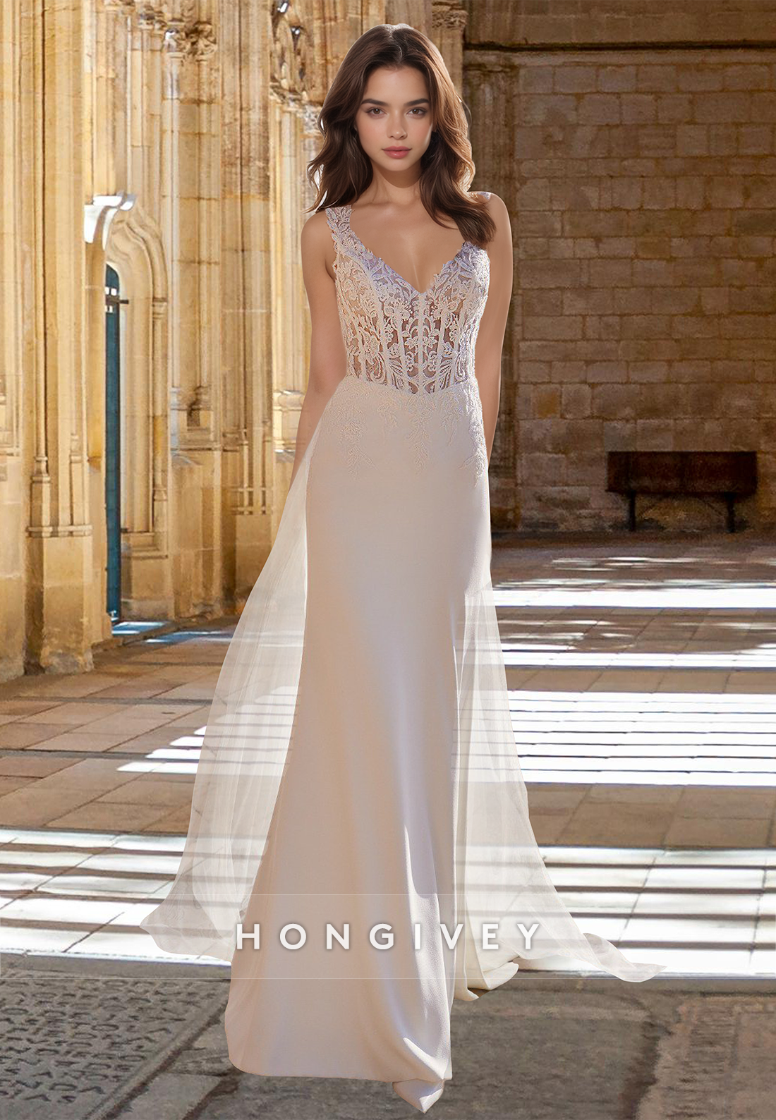 floral applique open back tulle wedding dress Elegant Tulle Mermaid Wedding Dress and Open Back Dress - Floral Applique Wedding Dress with Long Sleeves Plus Size