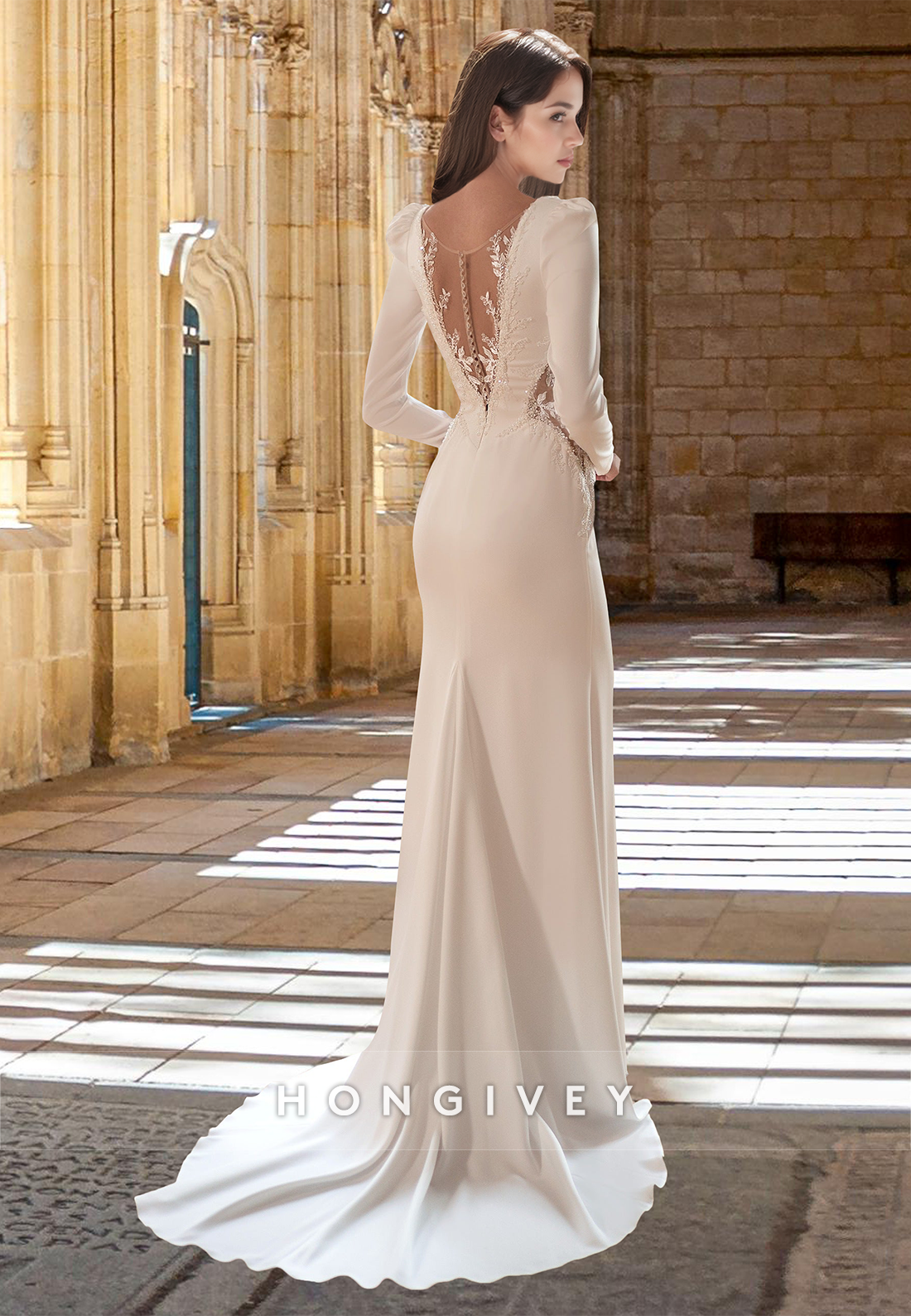 Sexy Applique V-Neck Long Sleeves Sheath Satin Bridal Wedding Dress 2025