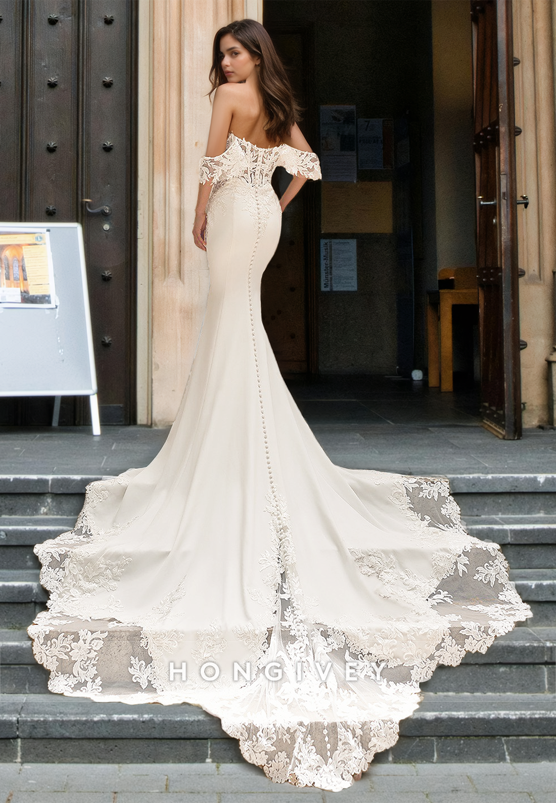 Chic Sweetheart Lace Applique Off-Shoulder with Train Mermaid Wedding Dress