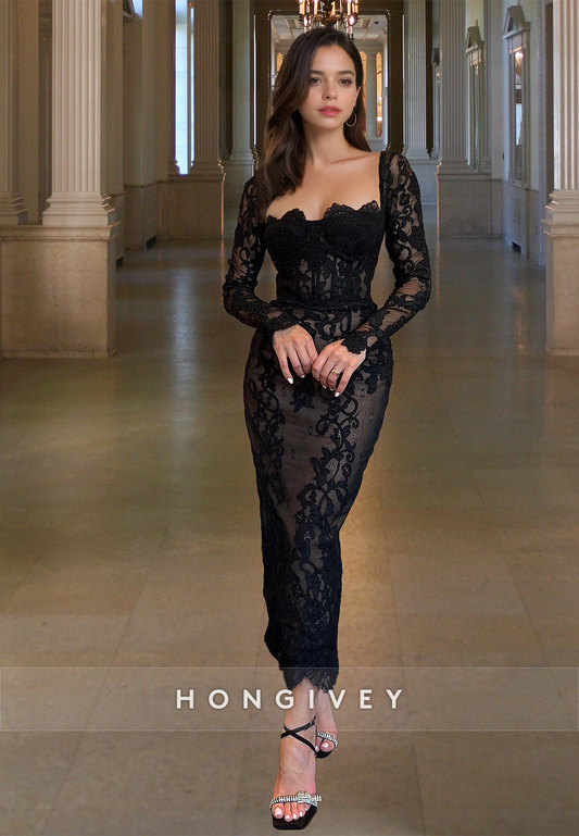 HONGIVEY Black Square Long Sleeves Lace Sheath Evening Dress Formal Party Gown