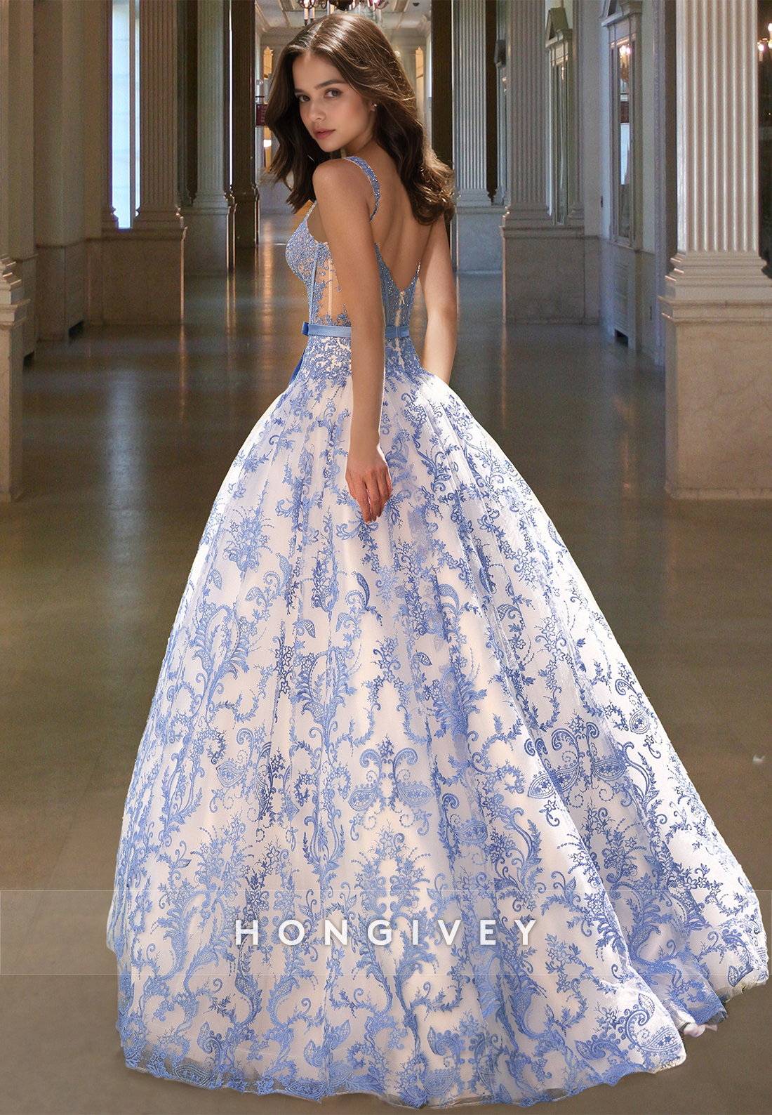 Special Blue Floral Square Straps A-Line Tulle Pricess Prom Dress Ball Gown