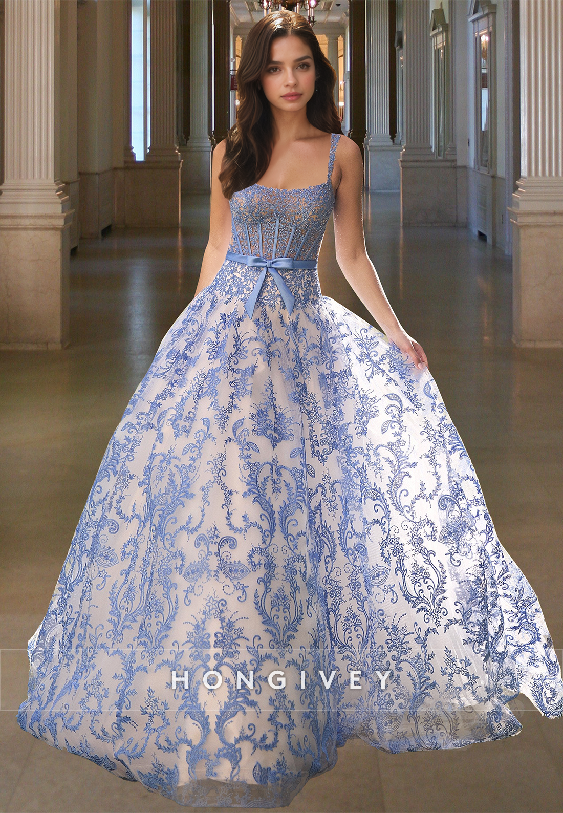 Special Blue Floral Square Straps A-Line Tulle Pricess Prom Dress Ball Gown