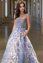 Special Blue Floral Square Straps A-Line Tulle Pricess Prom Dress Ball Gown