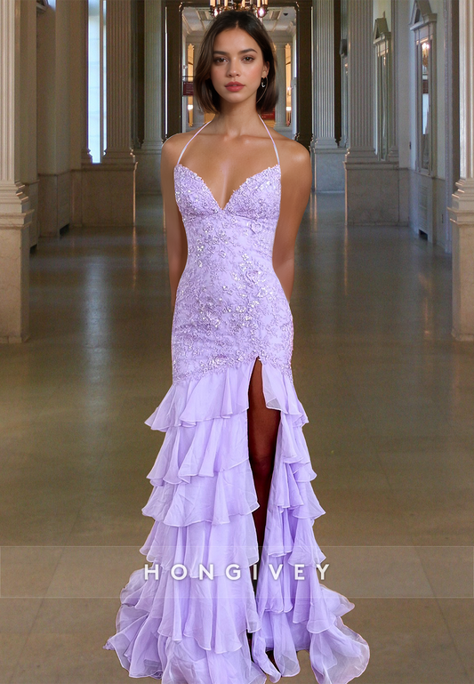 Chic Applique V-Neck Straps with Slit Homecoming Quinceanera Evening Prom Dress