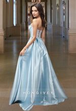 Bateau Strapless Empire Formal Evening Dress Satin A-Line with Slit Prom Gown