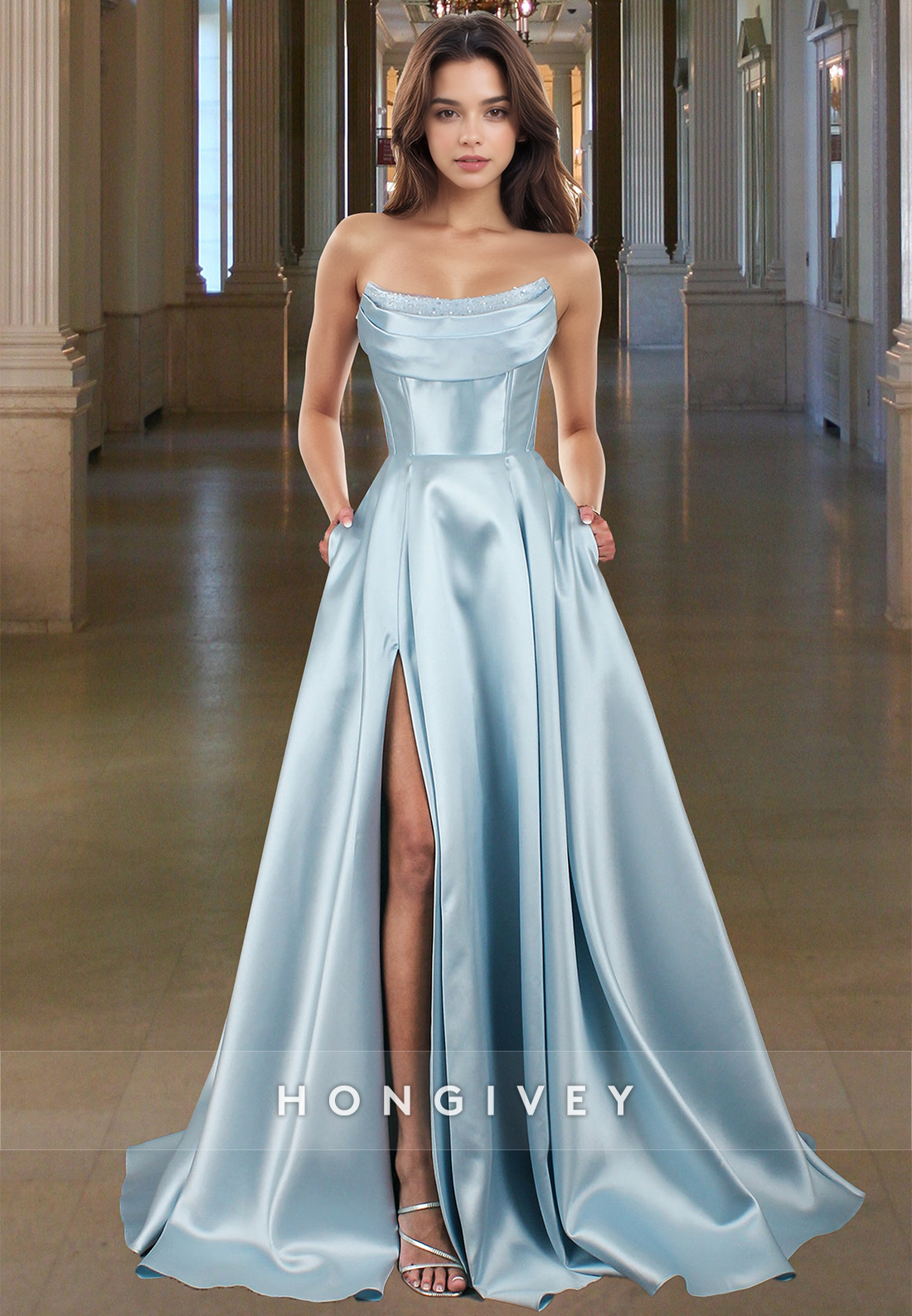 Bateau Strapless Empire Formal Evening Dress Satin A-Line with Slit Prom Gown