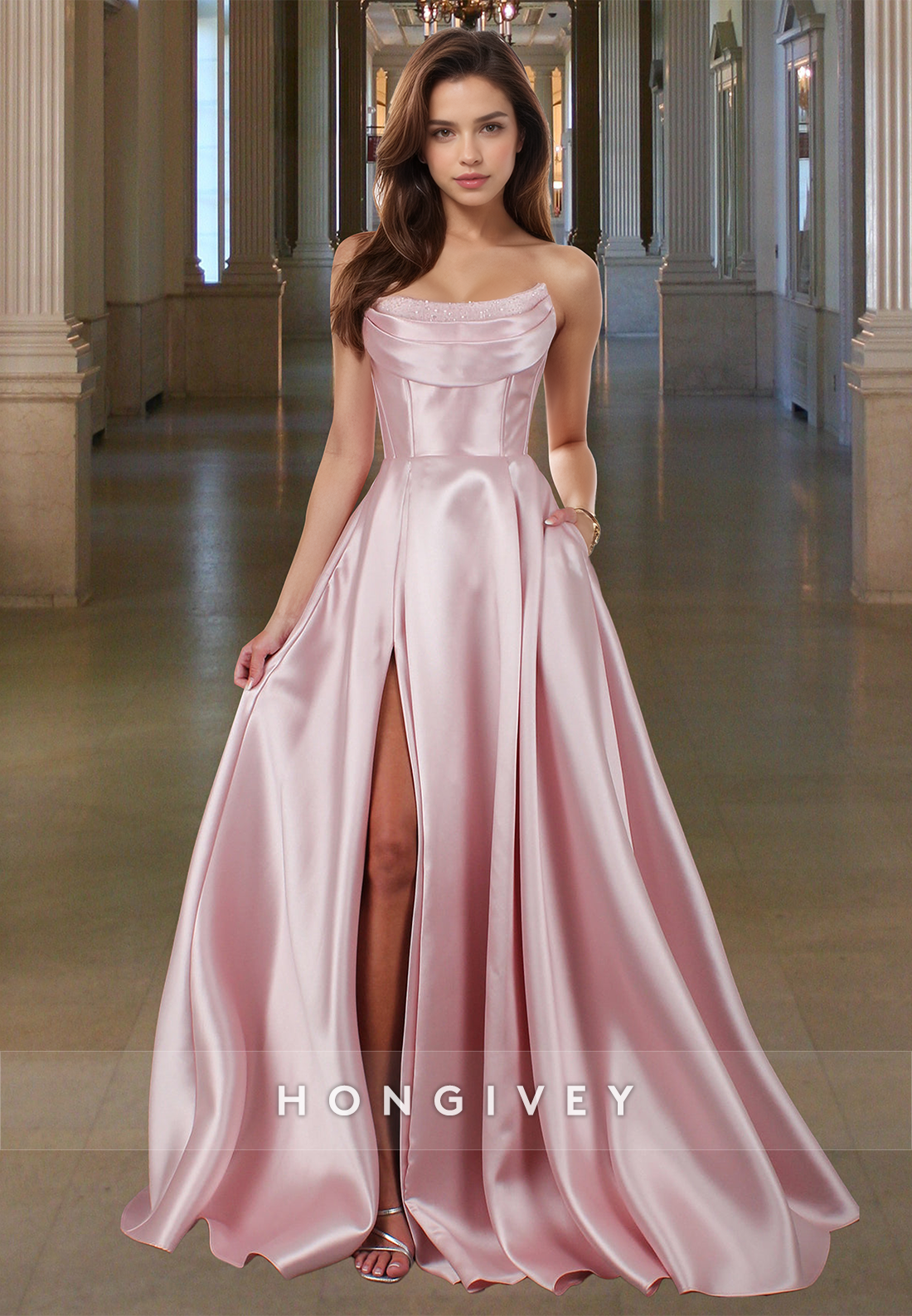 Bateau Strapless Empire Formal Evening Dress Satin A-Line with Slit Prom Gown