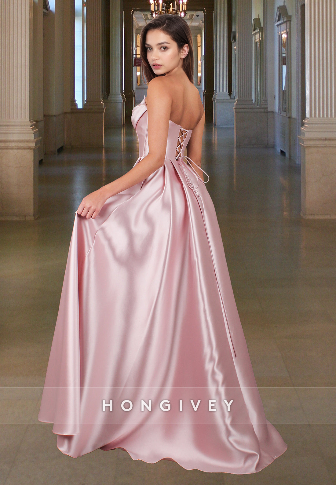 Bateau Strapless Empire Formal Evening Dress Satin A-Line with Slit Prom Gown