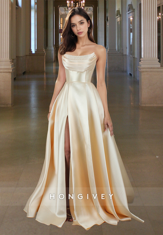 Bateau Strapless Empire Formal Evening Dress Satin A-Line with Slit Prom Gown