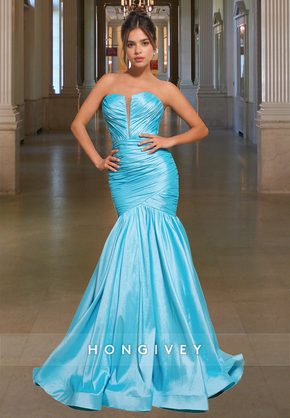 Sexy Ruched Strapless Mermaid with Train Formal Gown Evening Dress 2025