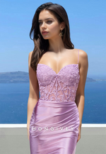 Classic Spaghetti Straps Applique Lilac Satin Sheath Formal Evening Dress HONGIVEY