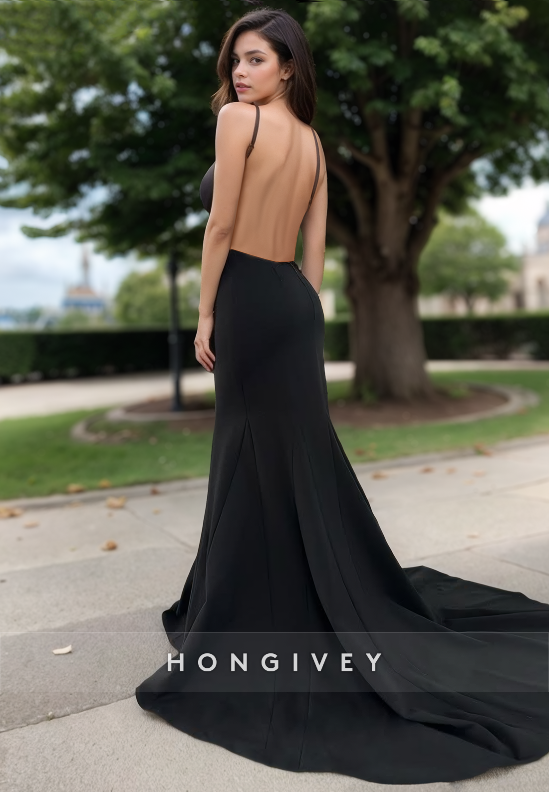 Sexy Black Straps Mermaid Evening Dress Bow Backless with Train Formal Gown