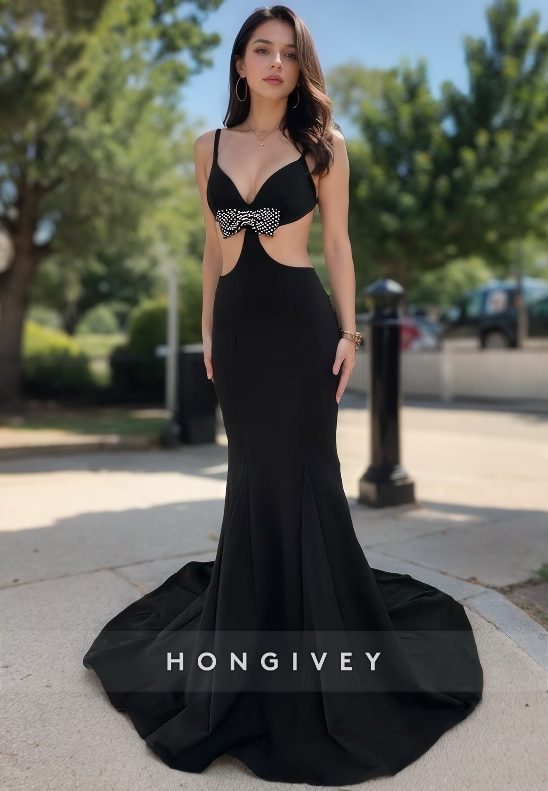 Sexy Black Straps Mermaid Evening Dress Bow Backless with Train Formal Gown