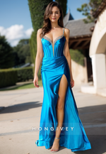 Classy Straps Blue Pool Evening Dress Sleeveless with Slit Satin Formal Party Gown