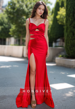 Sexy Red Ruched Straps Evening Dress Lace Up with Slit Formal Party Gown