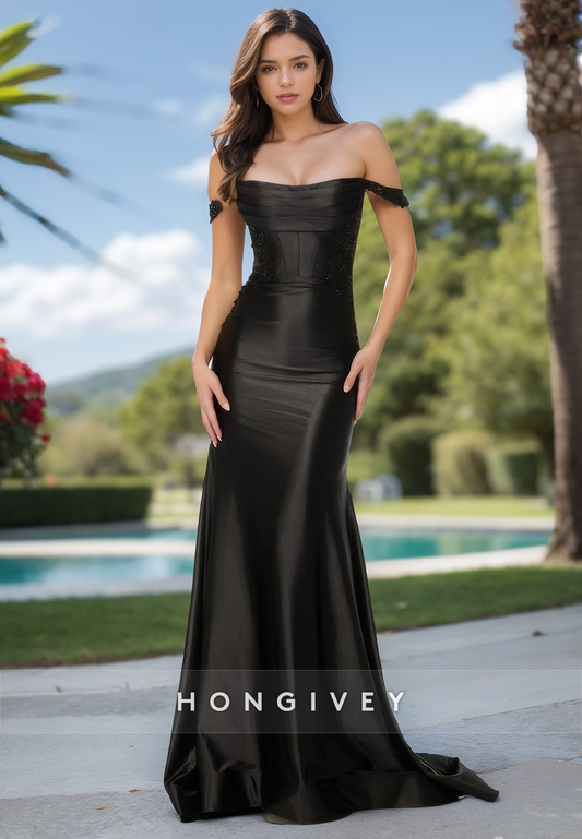 Solid Black Straps Empire Trumpet Evening Dress Off-Shoulder Satin Formal Gown