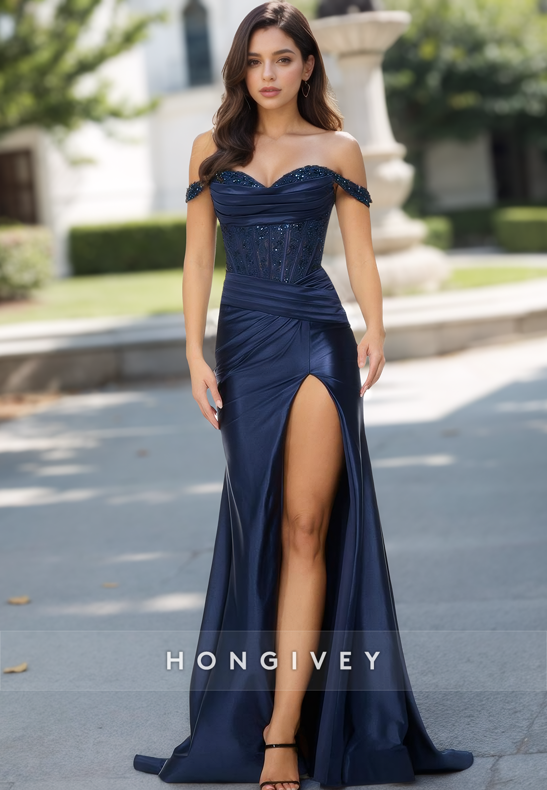 Navy Blue Straps Applique Ruched Evening Dress Formal Party Wedding Guest Gown