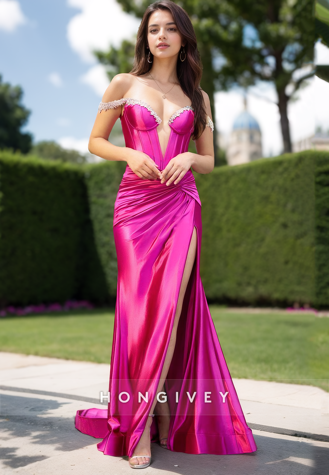 Sexy Fuchsia Beaded Straps with High Slit Evening Dress Formal Party Gown