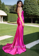 Sexy Fuchsia Beaded Straps with High Slit Evening Dress Formal Party Gown