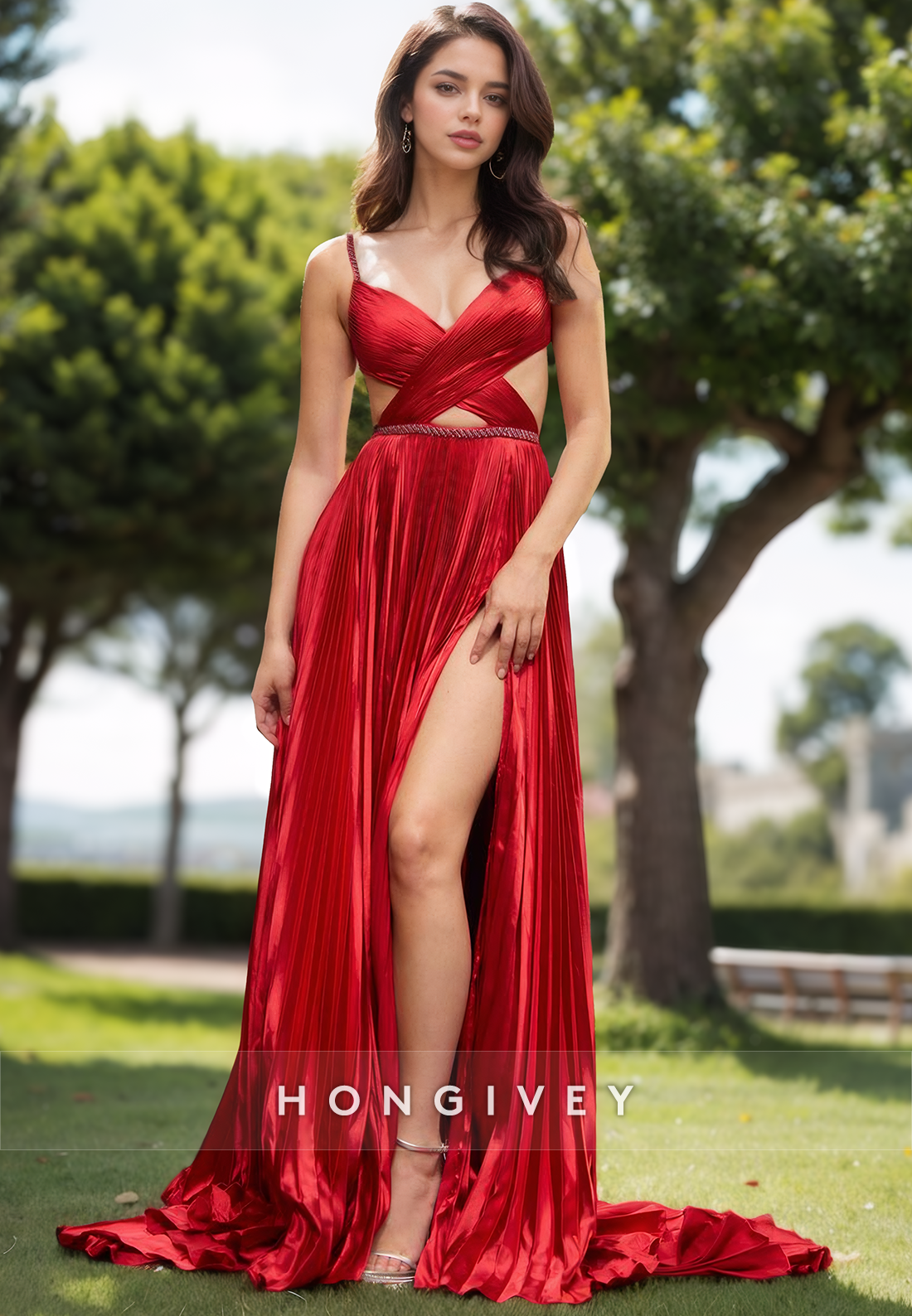 Sexy Red Pleated Evening Dress Open Back Slit Train Formal Party Holiday Gown