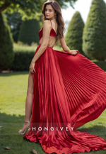 Sexy Red Pleated Evening Dress Open Back Slit Train Formal Party Holiday Gown