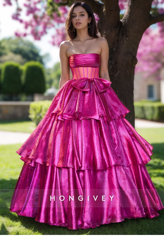 Fuchsia Tiered Bow Strapless A-line  Quinceanera Evening Dress Prom Ball Gown