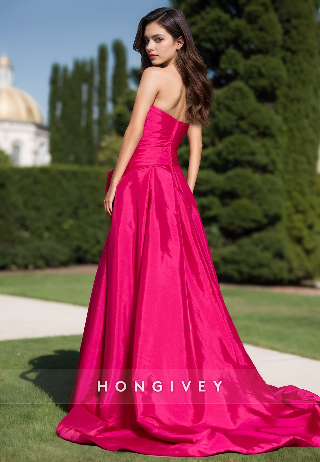 Solid Fuchsia Bow Strapless Empire A-Line with Train Evening Dress Formal Party Gown