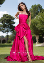 Solid Fuchsia Bow Strapless Empire A-Line with Train Evening Dress Formal Party Gown